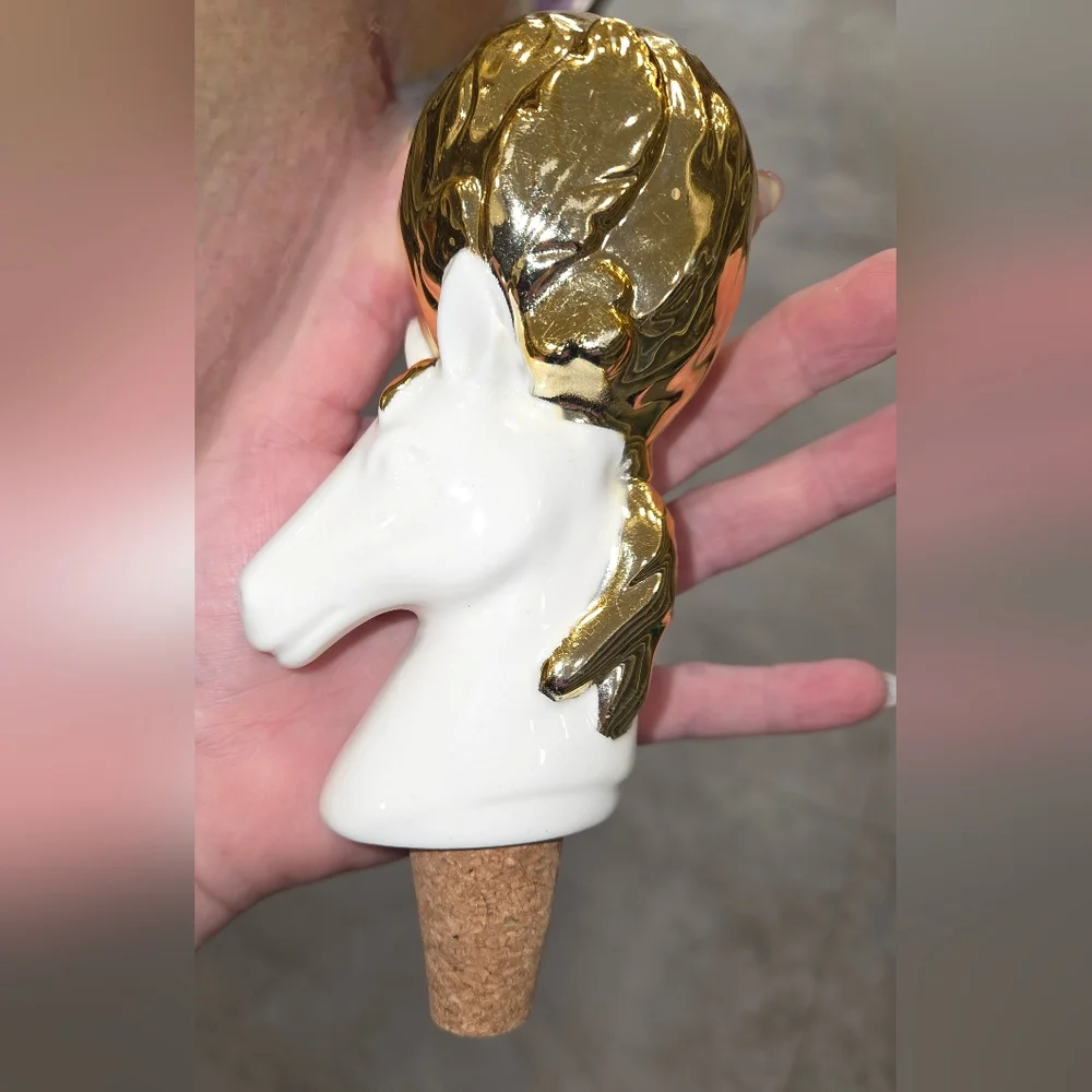 Vintage Figural Porcelain Horse Head Bottle Stopper Elaborate Gold Mane & Cork